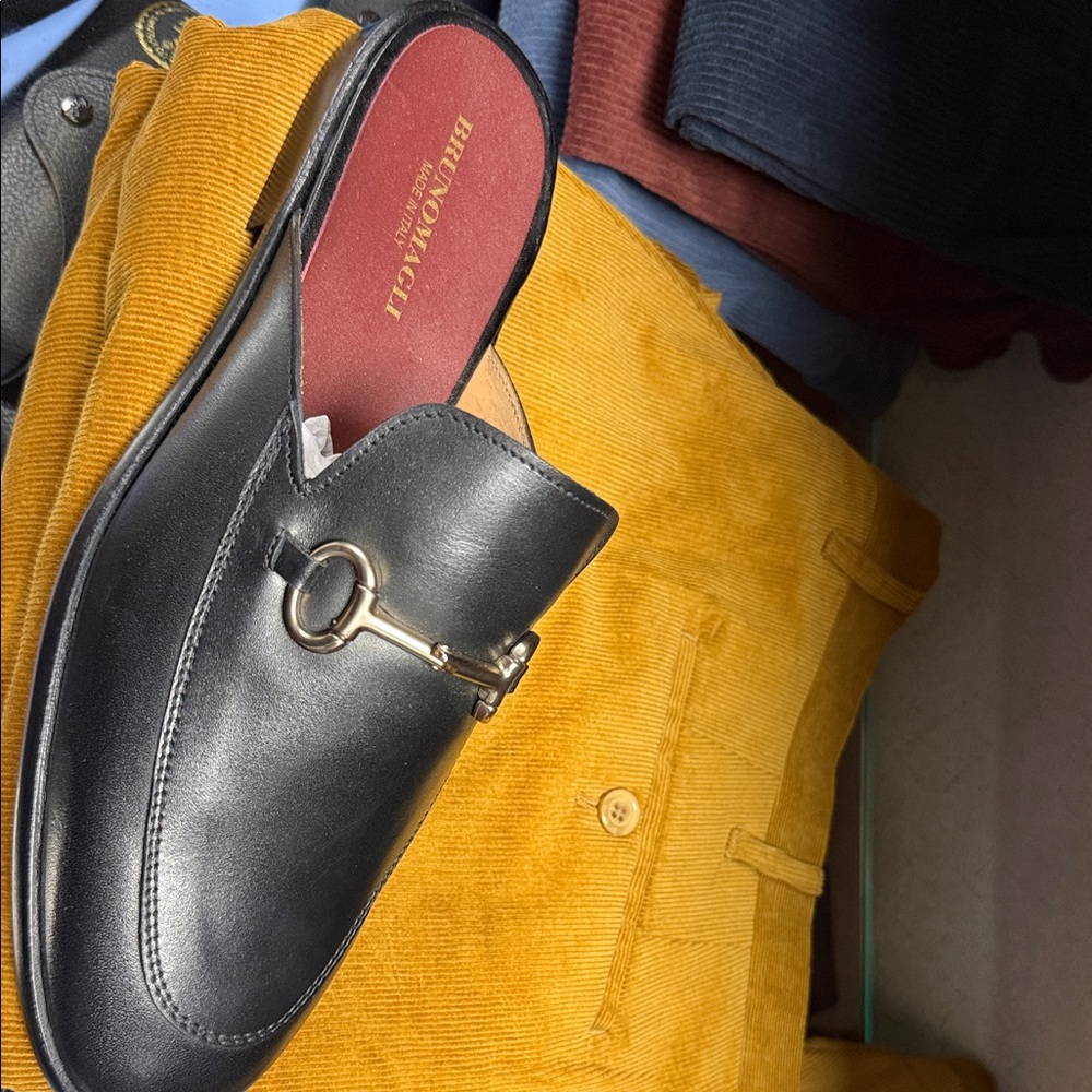 Bruno Magli Black Leather Slip-On Loafers with Gold Accent
